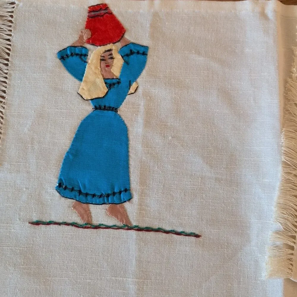 Vintage set of 6 hand embroidered & appliqued placements, 7.5